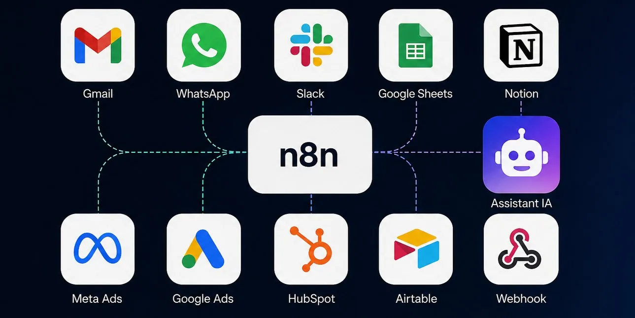 Schéma : Gmail, WhatsApp, Slack, Google Sheets, Notion, Meta Ads, Google Ads, HubSpot, Airtable et les webhooks reliés à un moteur d'automatisation n8n et à un assistant IA